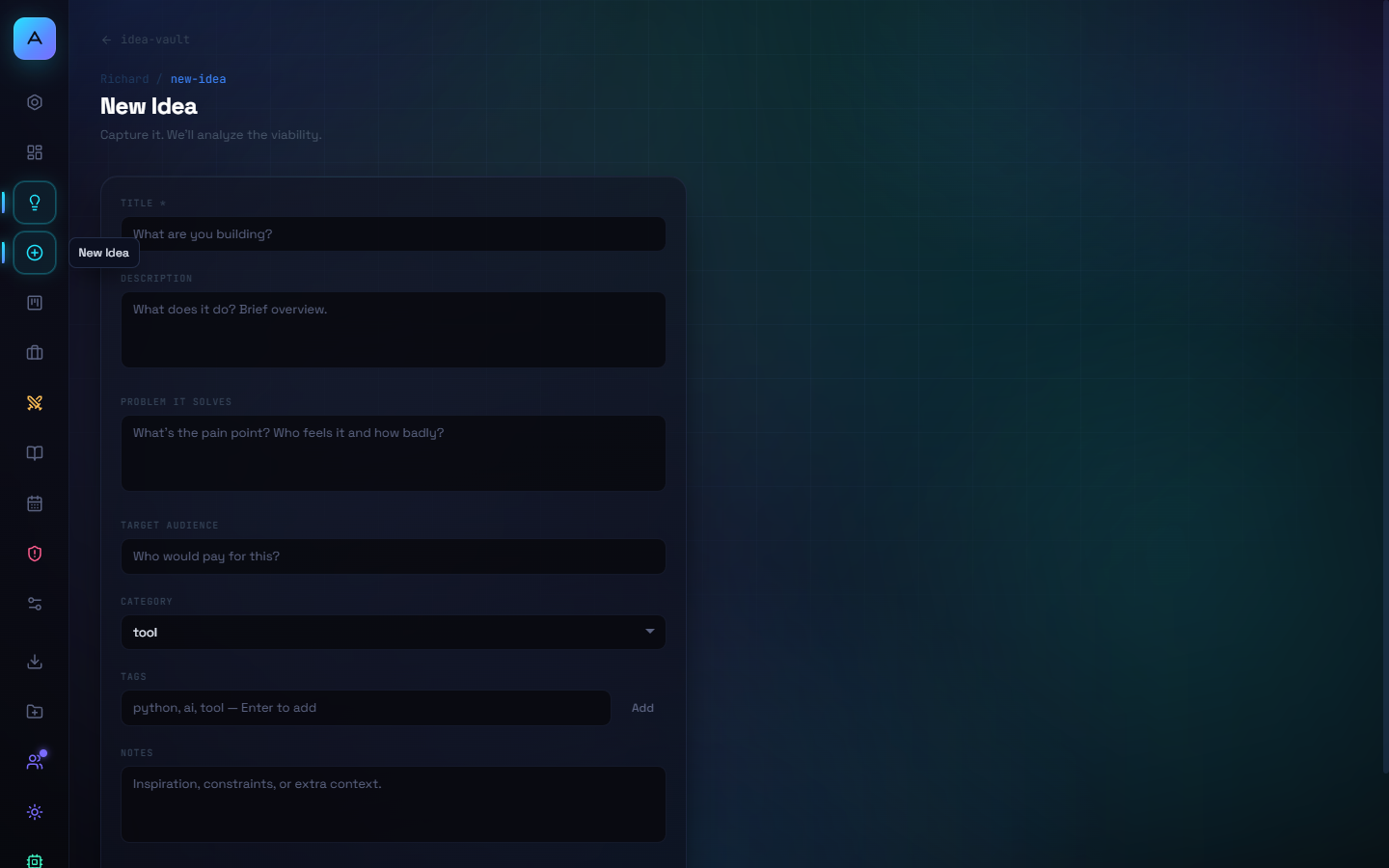 AppStudio New Idea form — capture idea with context