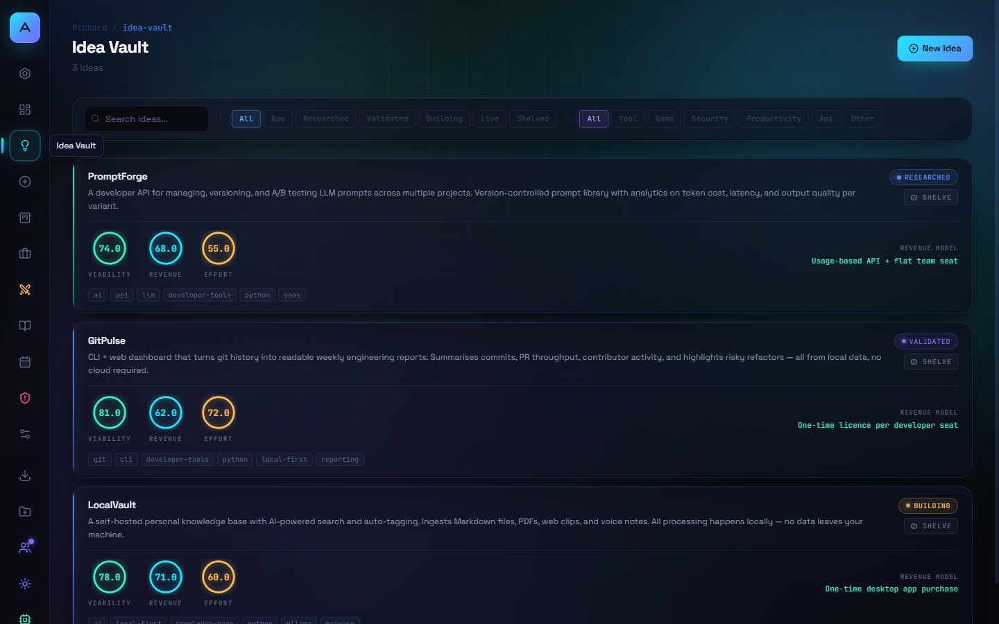 AppStudio Idea Vault — filterable idea list with tags and scores